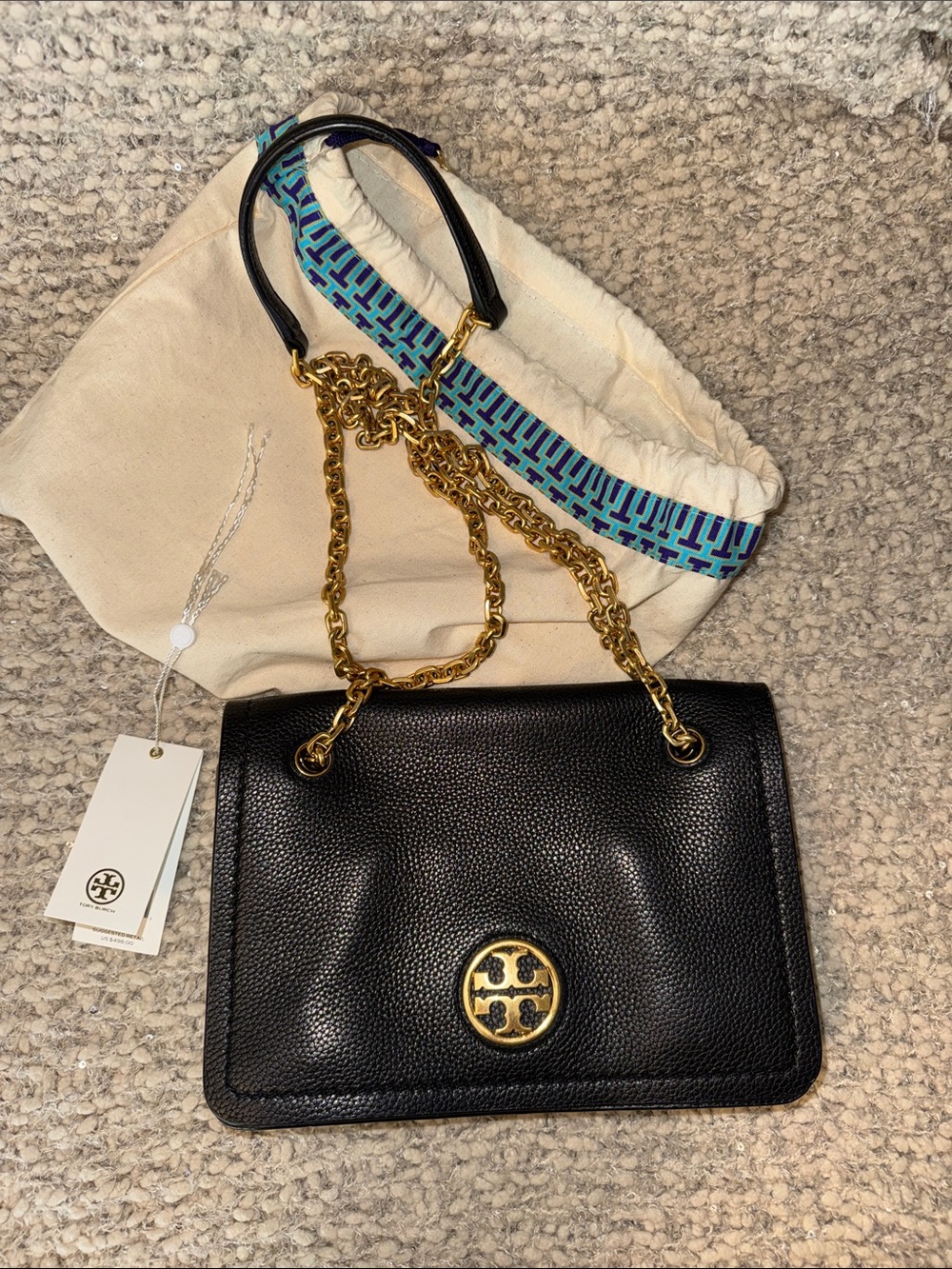 Tory Burch Carson Convertible Black Pebbled Leather Chain Shoulder Bag